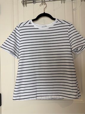 Zara Womens Black White Horizontal Striped Short Sleeve Top Thick Knit Crew Neck